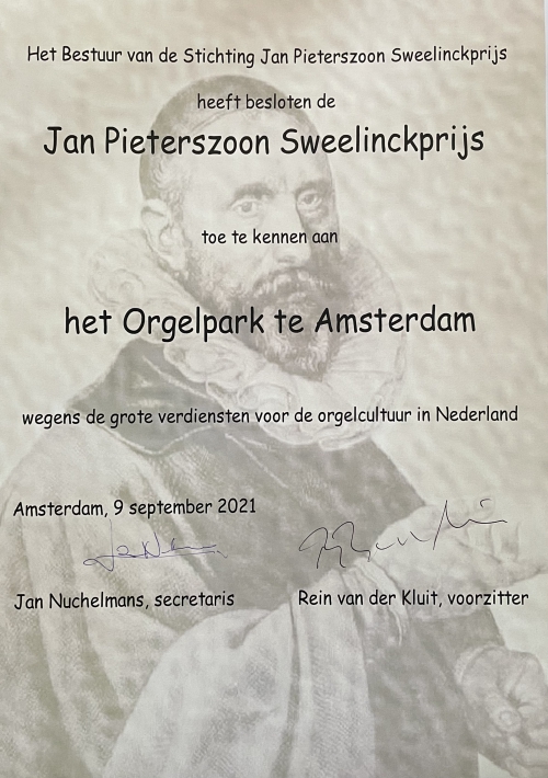 De Sweelinck oeuvreprijs voor het Orgelpark!